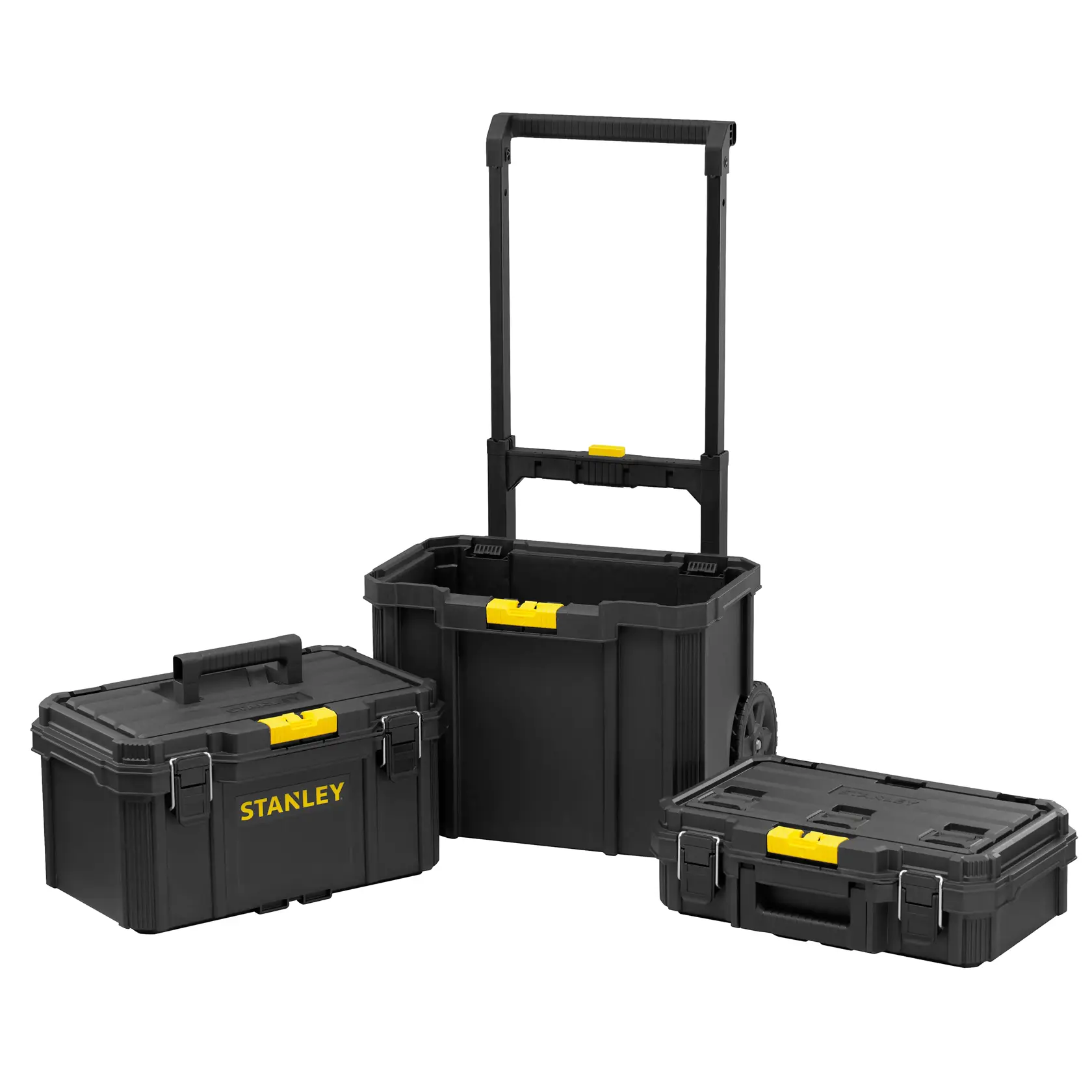 Photo of STANLEY STST83319-1 black tool box set with yellow latches, front angle, three stackable cases.