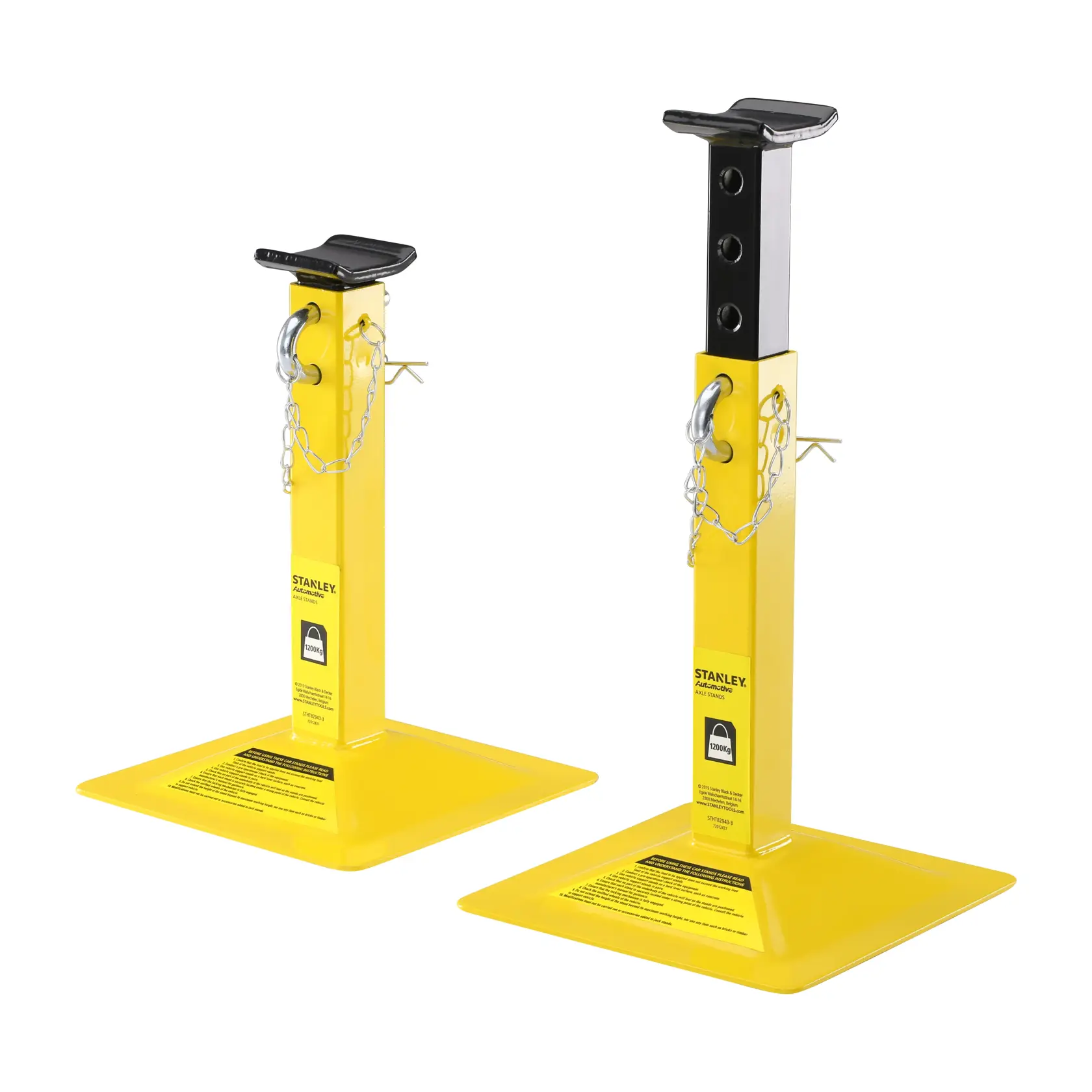 STANLEY STHT82943-3 yellow adjustable steel jack stands, side angle, automotive accessories.