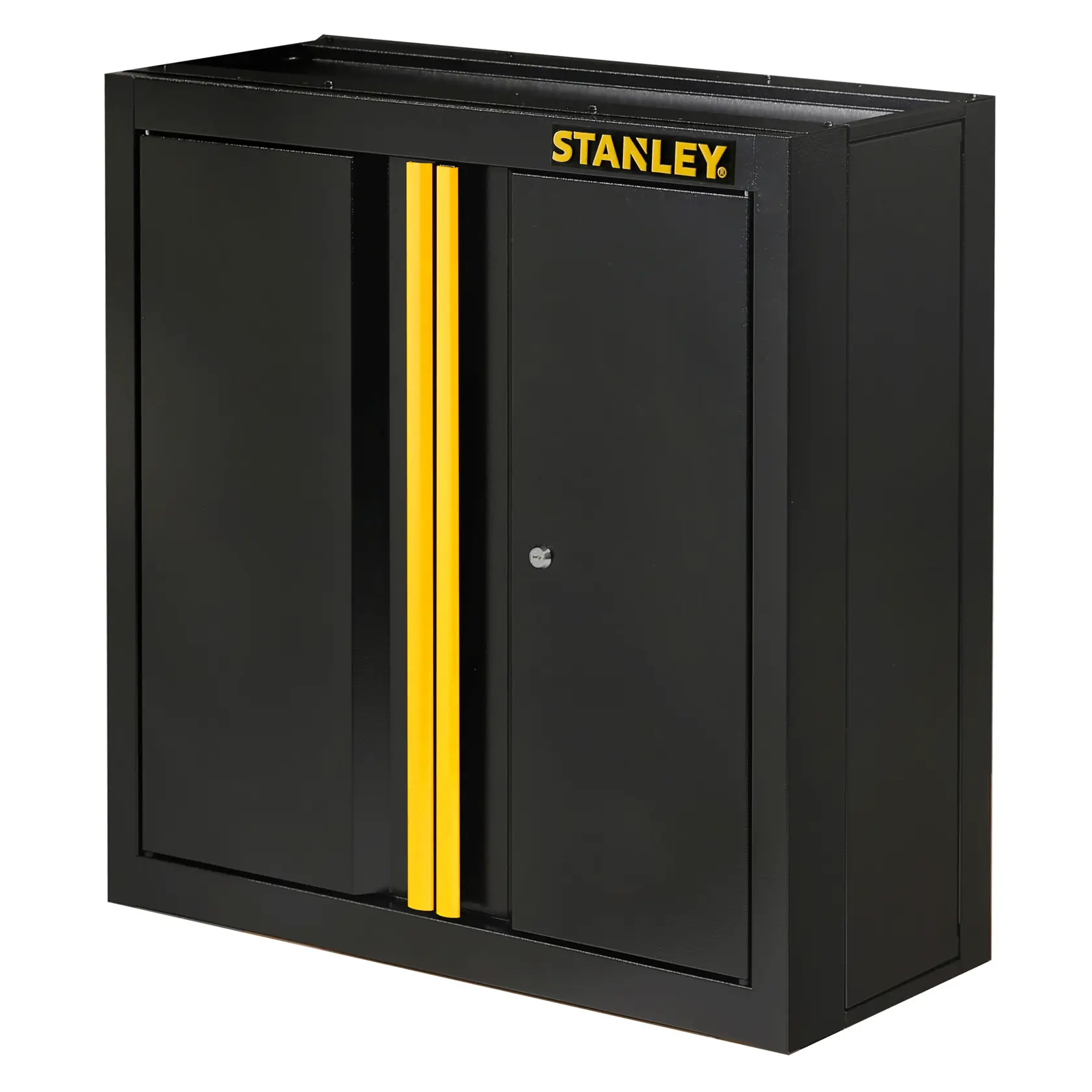 Black STANLEY wall cabinet with yellow accents and two doors, designed for storage and organization.